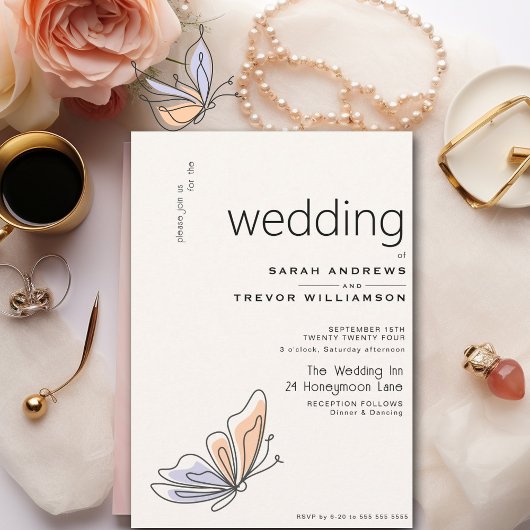 Invitation Papillon Corail et Violet Simple et Fantaisiste
