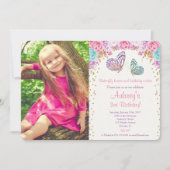 Invitation Papillon d'anniversaire rose or violet photo (Devant)