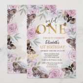 Invitation Papillon d'anniversaire Wild One Fleurs  (Devant / Derrière)