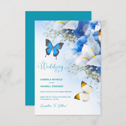 Invitation Papillon d'automne Nature Blue Hydrangea Mariage (Devant / Derrière)