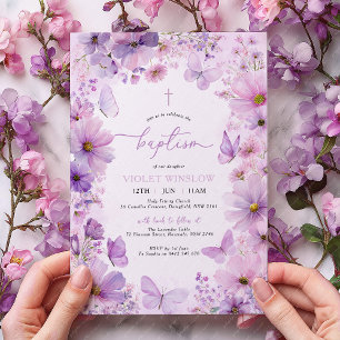 Invitation Papillon de baptême violet Fleur Fille Christening