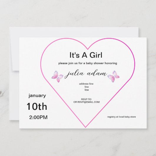 Invitation Papillon de coeur rose (Devant)