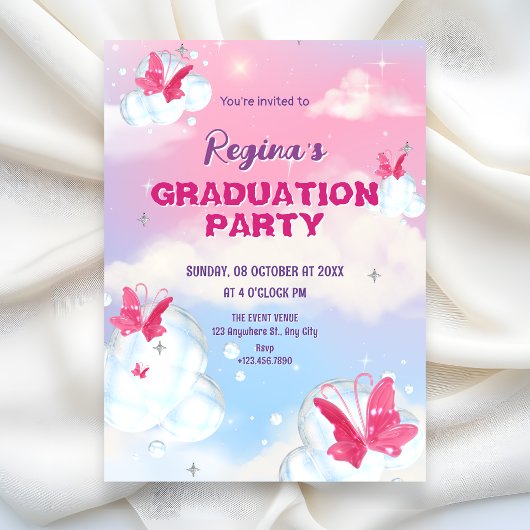 Invitation Papillon de graduation rose violet scintillant
