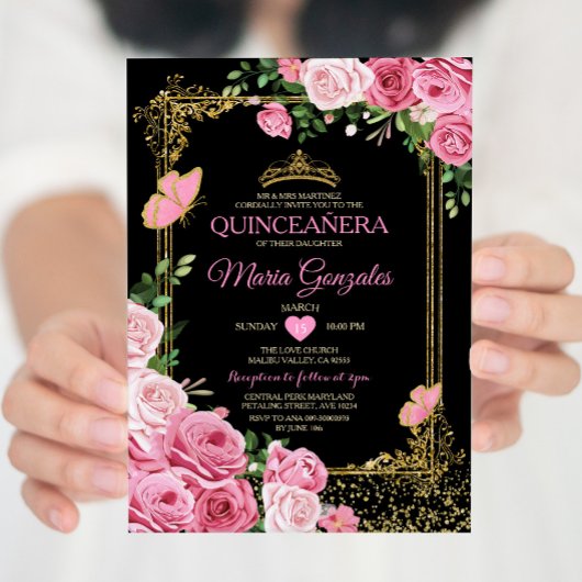 Invitation Papillon de la couronne de Quinceañera rose noir 1