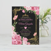 Invitation Papillon de la couronne de Quinceañera rose noir 1 (Debout devant)