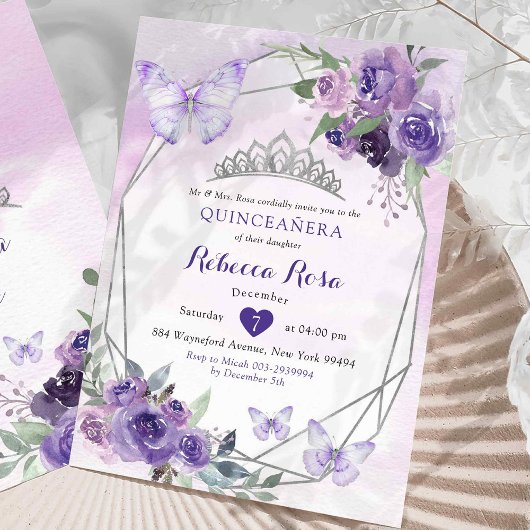 Invitation Papillon de la Couronne royale violet Floral Quinc