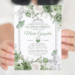 Invitation Papillon de la couronne verte Silver Quinceañera<br><div class="desc">Quinceañera Sage Green & Silver Crown Mexicaine Butterfly Invitation Mis Quince 15 Anos,  16e Anniversaire, </div>