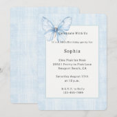 Invitation Papillon de lin bleu faux Anniversaire (Devant / Derrière)