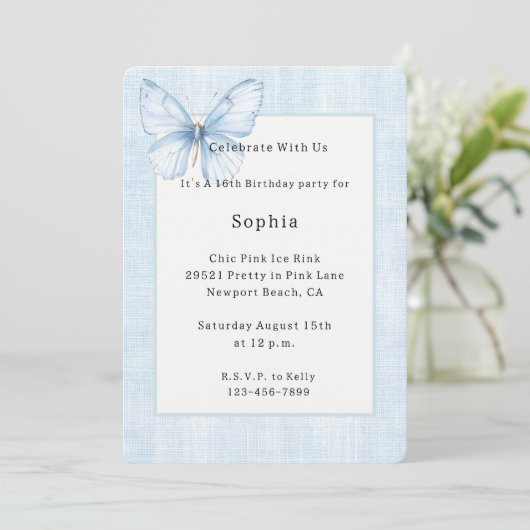 Invitation Papillon de lin bleu faux Anniversaire (Debout devant)