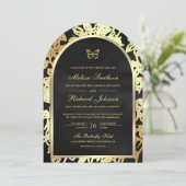 Invitation Papillon de mariage à l'arche dorée en ligne noire (Debout devant)