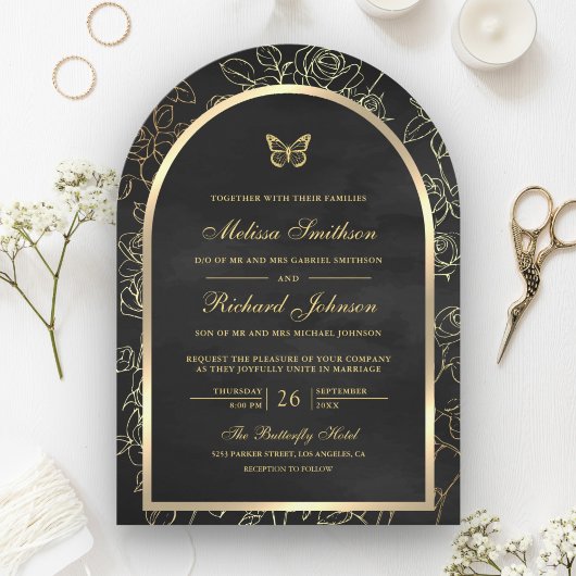 Invitation Papillon de mariage à l'arche dorée en ligne noire