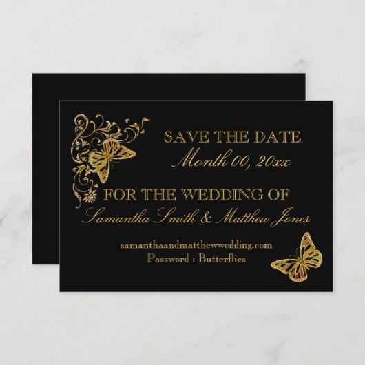 Invitation Papillon de mariage en or noir réponse 02 (Devant / Derrière)