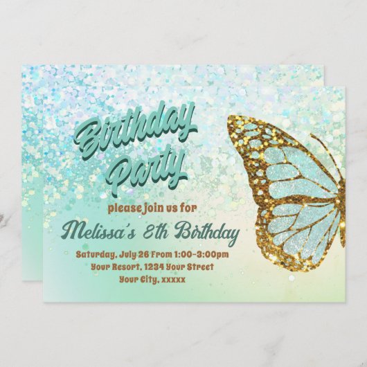 Invitation Papillon de parties scintillant à la menthe Invita (Devant / Derrière)