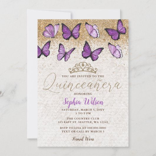 Invitation Papillon de Parties scintillant en or violet Quinc (Devant)