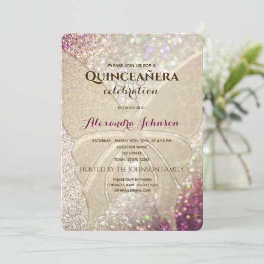 Invitation Papillon de parties scintillant Quinceañera (Debout devant)