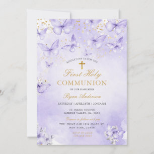 Invitation Papillon de première communion Or Violet