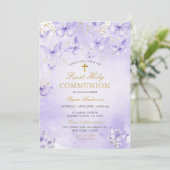 Invitation Papillon de première communion Or Violet  (Debout devant)
