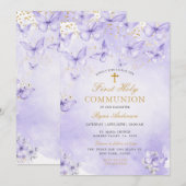 Invitation Papillon de première communion Or Violet  (Devant / Derrière)