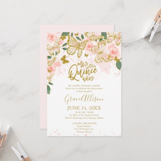 Invitation Papillon de Quinceanera Formulation ang (Devant/Arrière en situation)