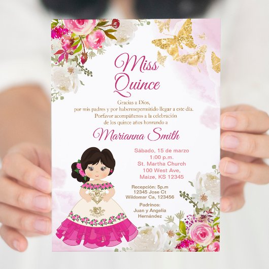 Invitation Papillon de Quinceañera Rose Princesse