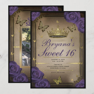 Invitation Papillon de Tiara d'Or Roses Violettes Photo Douce
