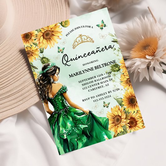 Invitation Papillon de tournesol vert Princesse Quinceañera