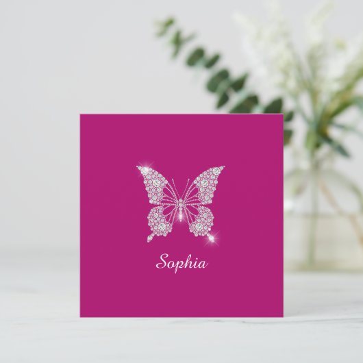 Invitation Papillon Diamant Blanc, Nom de Script, Fuchsia Pro (Debout devant)