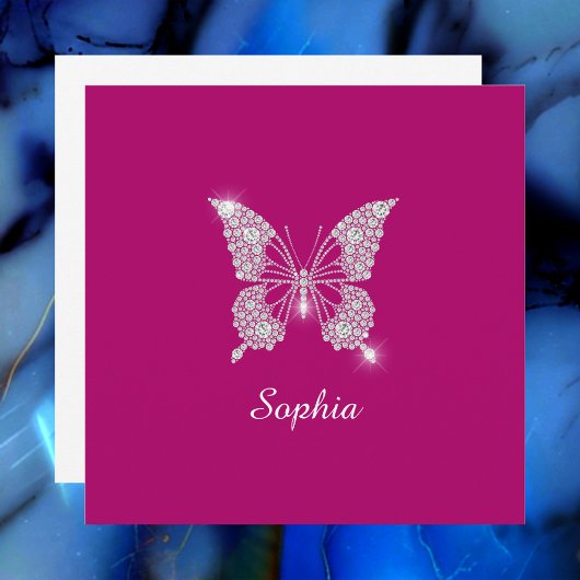 Invitation Papillon diamant blanc, nom en écriture, fuchsia p