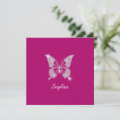 Invitation Papillon diamant blanc, nom en écriture, fuchsia p (Debout devant)