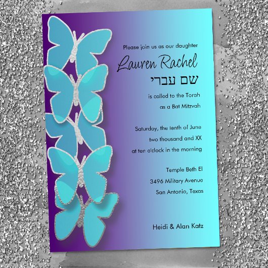 Invitation Papillon Dimensional bat mitzvah Turquoise violet