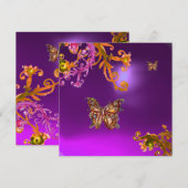 INVITATION PAPILLON D'OR DANS DES TOURBILLONS FLEURIS VIOLETS (Devant / Derrière)