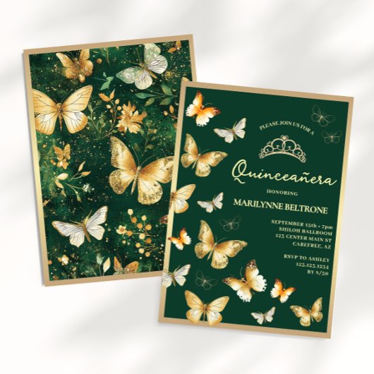 Invitation Papillon d'or Emerald Green Quinceañera