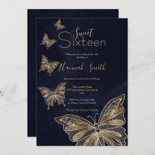 Invitation Papillon d'or esthétique céleste (Devant / Derrière)