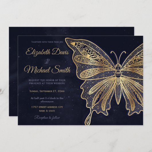 Invitation Papillon d'or esthétique céleste (Devant / Derrière)