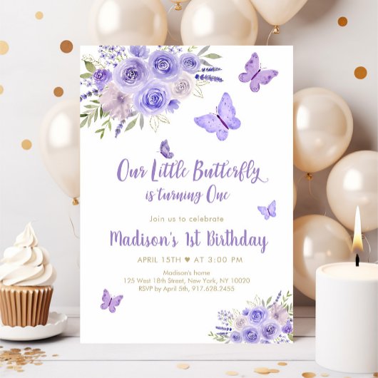Invitation Papillon d'or pourpre Floral 1er anniversaire