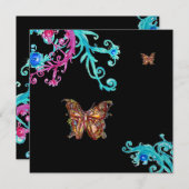 Invitation PAPILLON D'OR , rose vif bleu noir (Devant / Derrière)