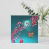 INVITATION PAPILLON D'OR TEAL BLEU AQUA GEMME (Debout devant)