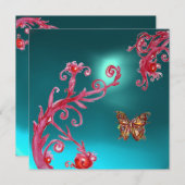 INVITATION PAPILLON D'OR TEINTÉ AQUA BLEU PIERRE FINE (Devant / Derrière)