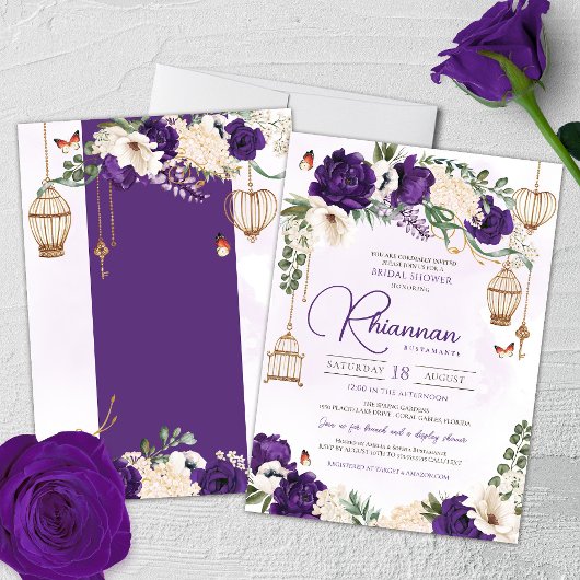 Invitation Papillon d'or violet Floral Fête des mariées éléga