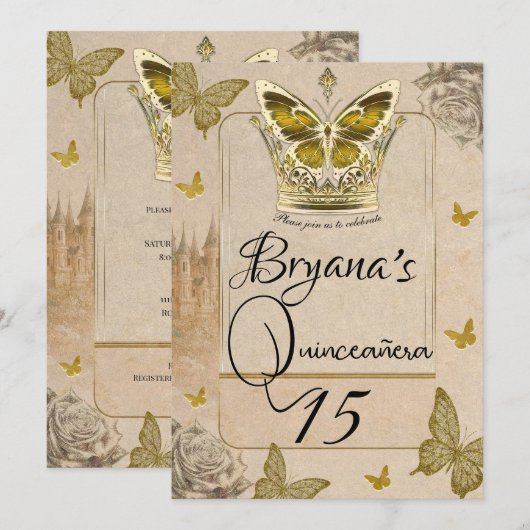Invitation Papillon doré de conte de fées pour Quinceañera (Devant / Derrière)