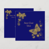 Invitation Papillon doré élégant pour fête cœur bleu royal (Devant / Derrière)