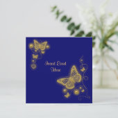 Invitation Papillon doré élégant pour fête cœur bleu royal (Debout devant)