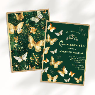 Invitation Papillon doré Émeraude verte Quinceañera