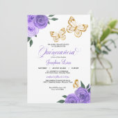 Invitation Papillon doré violet Rose Quinceañera Anniversaire (Debout devant)