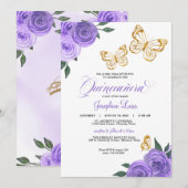 Invitation Papillon doré violet Rose Quinceañera Anniversaire (Devant / Derrière)