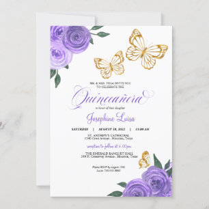 Invitation Papillon doré violet Rose Quinceañera Anniversaire