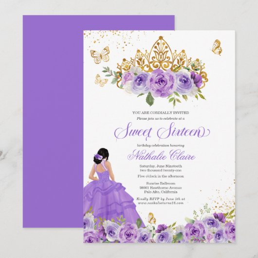 Invitation Papillon doux 16 + Fleurs d'aquarelle violette (Devant / Derrière)