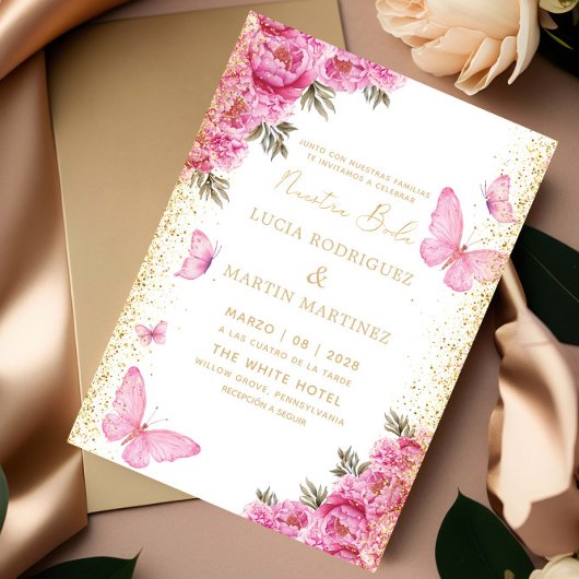 Invitation Papillon Élégant et Floral Nuestra Boda