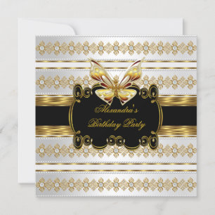 Invitation Papillon élégant rayure bijou or noir blanc