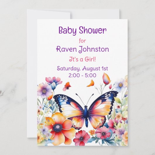 Invitation Papillon en fleurs Baby shower de fille (Devant)